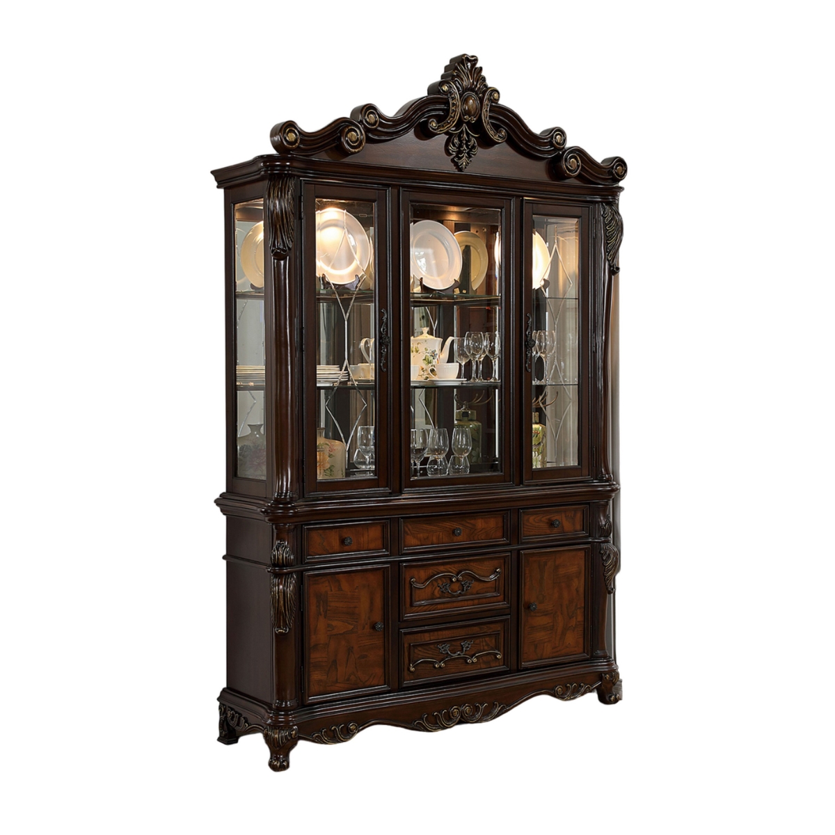 Picture of Benjara BM321130 Zenie Buffet Cabinet & Hutch with Classic Carved&#44; Cherry Brown Solid Wood