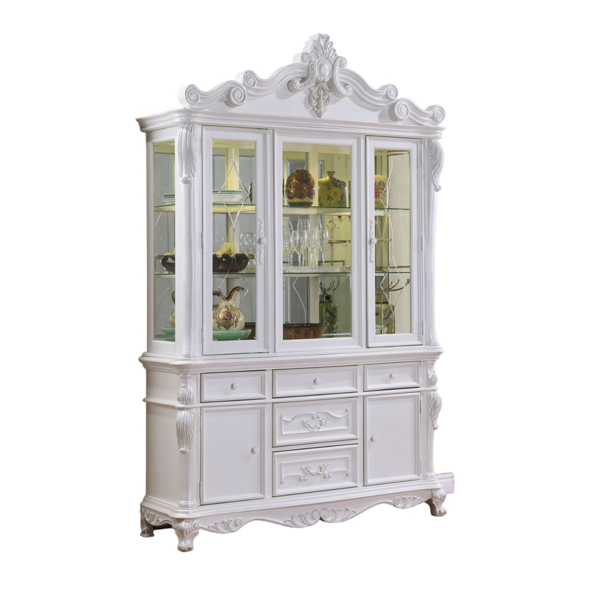 Picture of Benjara BM321131 Zenie Buffet Cabinet & Hutch with Classic Carved Details&#44; White Solid Wood