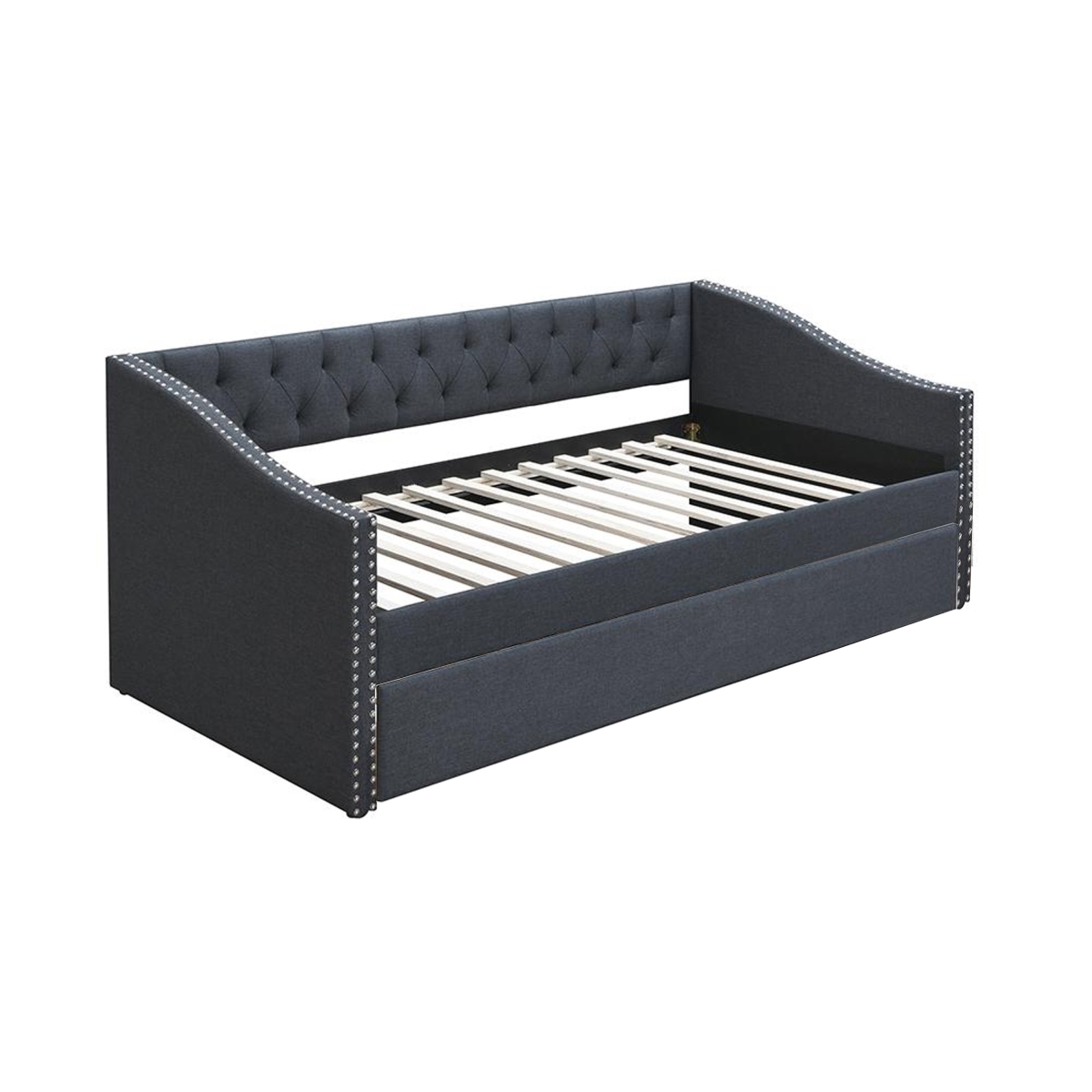 Picture of Benjara BM326155 Daybed Sofa with Slats Trundle Bed & Nailhead Trim&#44; Charcoal Gray Fabric
