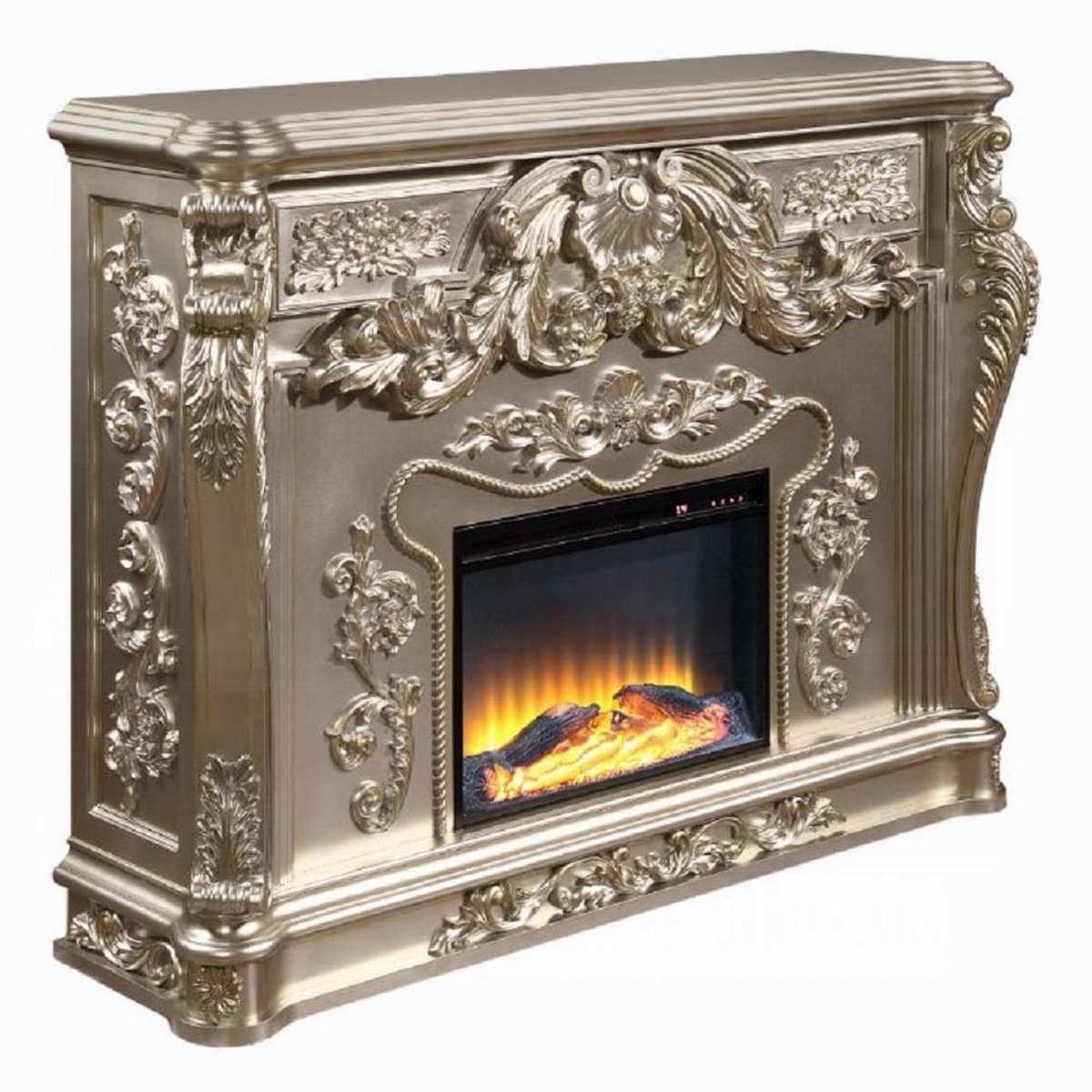 Picture of Benjara BM324326 66 in. Esen LED Electric Fireplace with Scrolled Classical Silver Wood