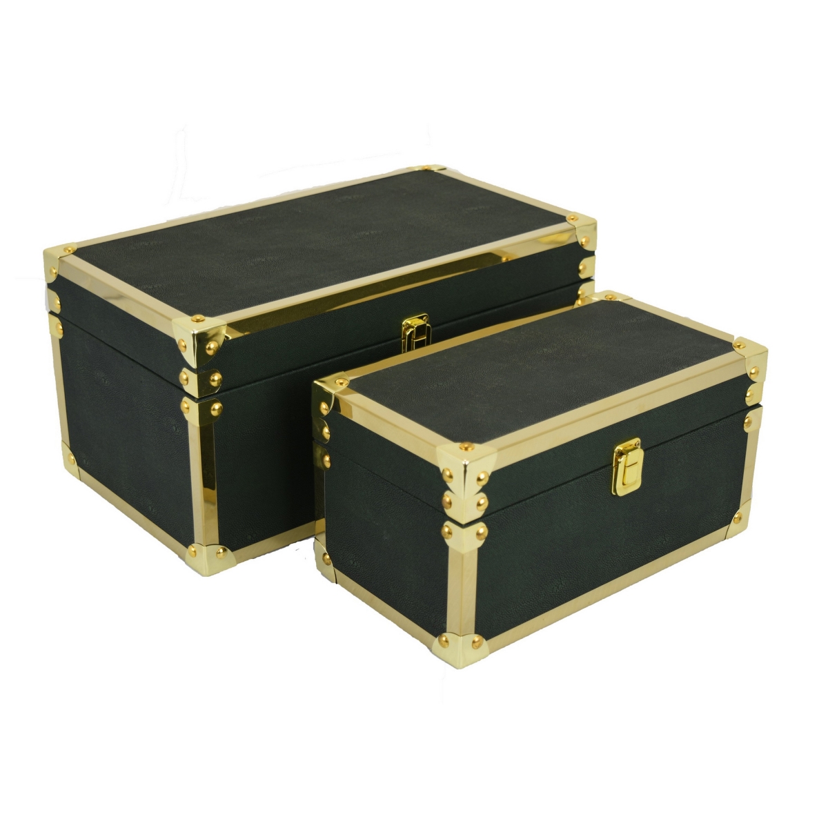 Picture of Benjara BM324649 Mecca Storage Box with Rivet Accents&#44; Gold Metal Trim & Green Wood - Set of 2
