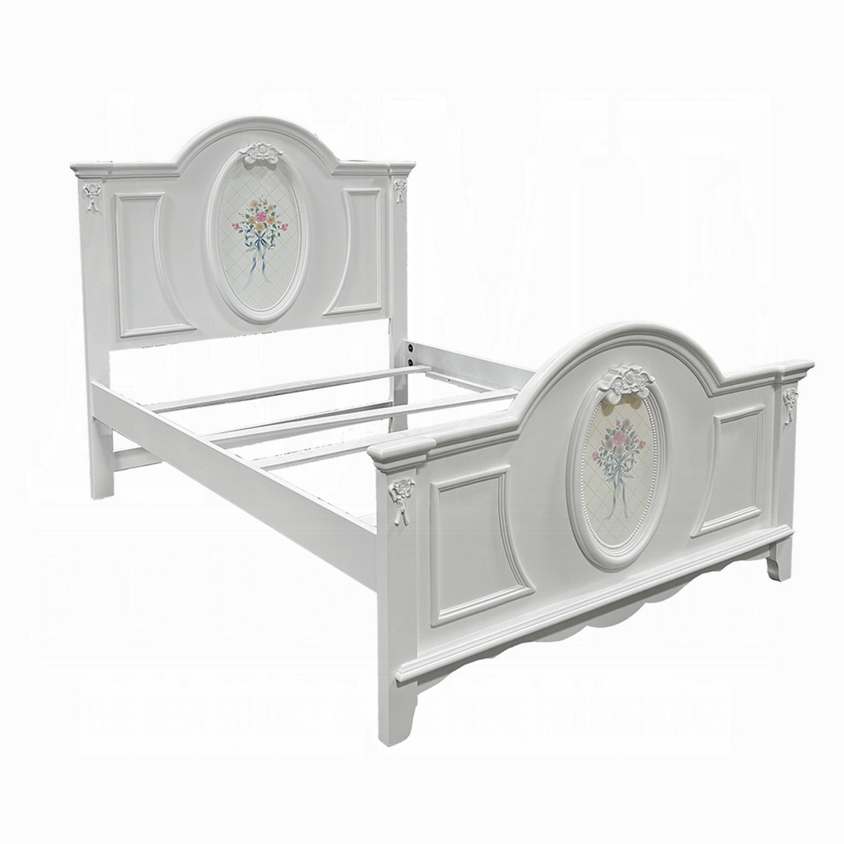 Picture of Benjara BM327560 Auri Full Size Bed with Floral Motifs Arched Headboard&#44; Classic White Wood