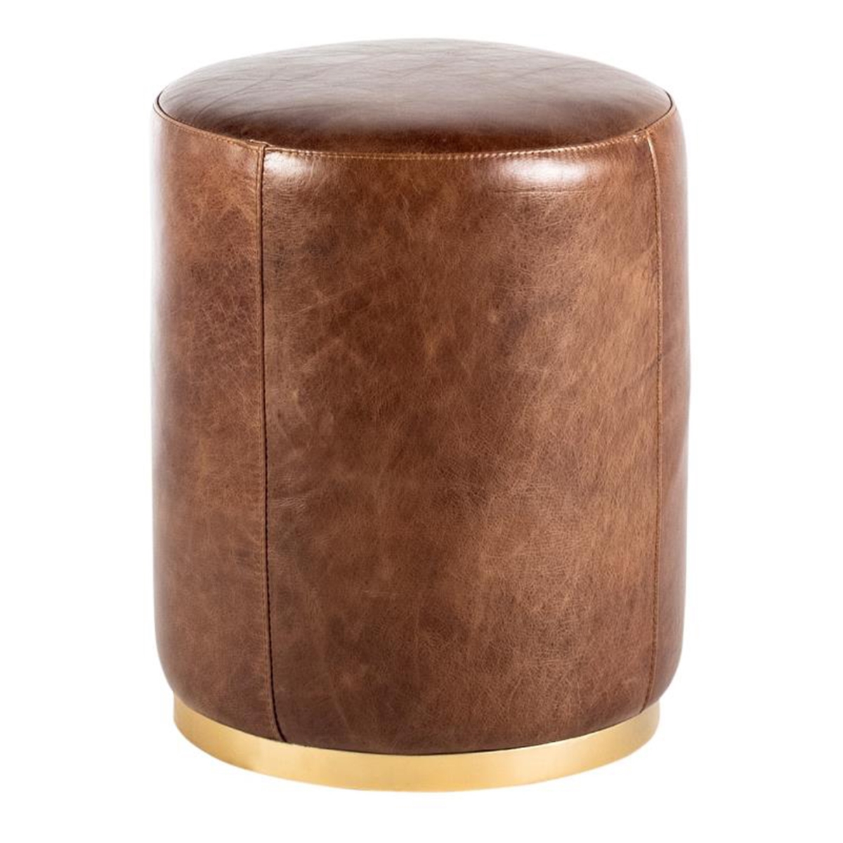 Picture of Benjara BM326621 Fury Round Ottoman with Brown Faux Leather Upholstery & Brass Accent Trim