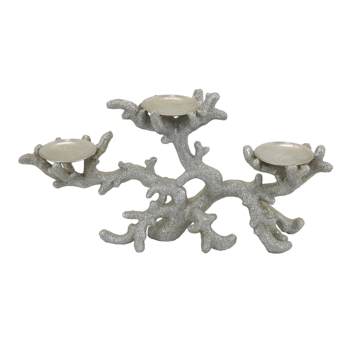 Picture of Benjara BM324572 21 in. Coral Decor with 3 Round Candle Holders&#44; Natural & Silver Resin