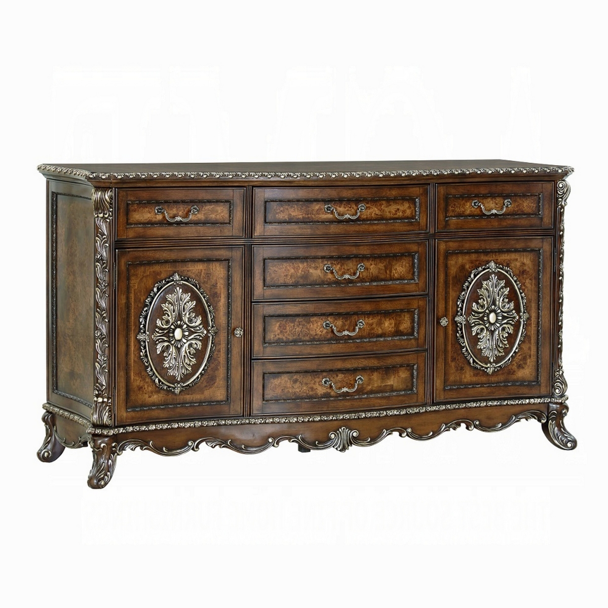 Picture of Benjara BM324713 Vany Wide Dresser with Traditional Floral Trim & 6 Drawers&#44; Cherry & Brown