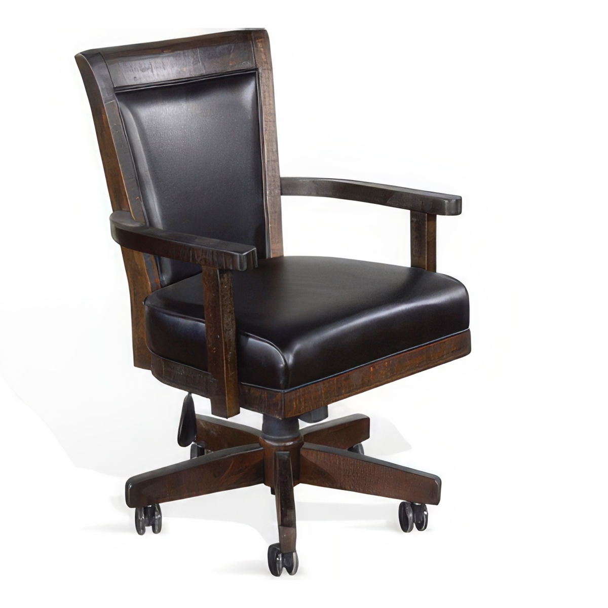 Picture of Benjara BM324845 Flint Rolling Swivel Game Chair with Black Faux Leather&#44; Dark Brown Wood