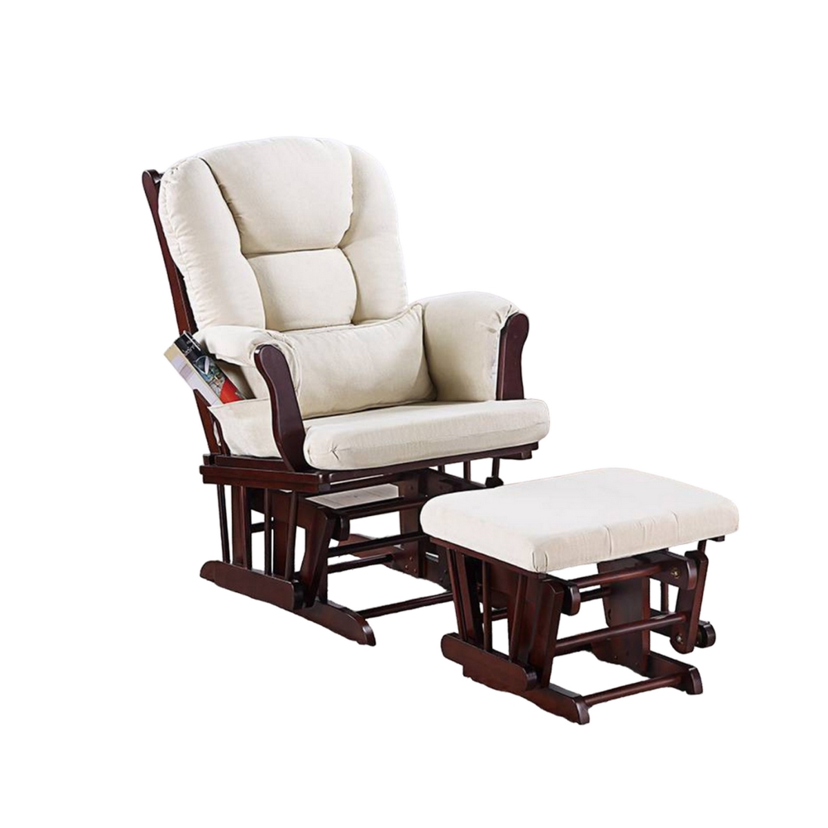 Picture of Benjara BM326062 Noni Glider Manual Recliner Chair with Ottoman&#44; Brown Wood & Square Beige