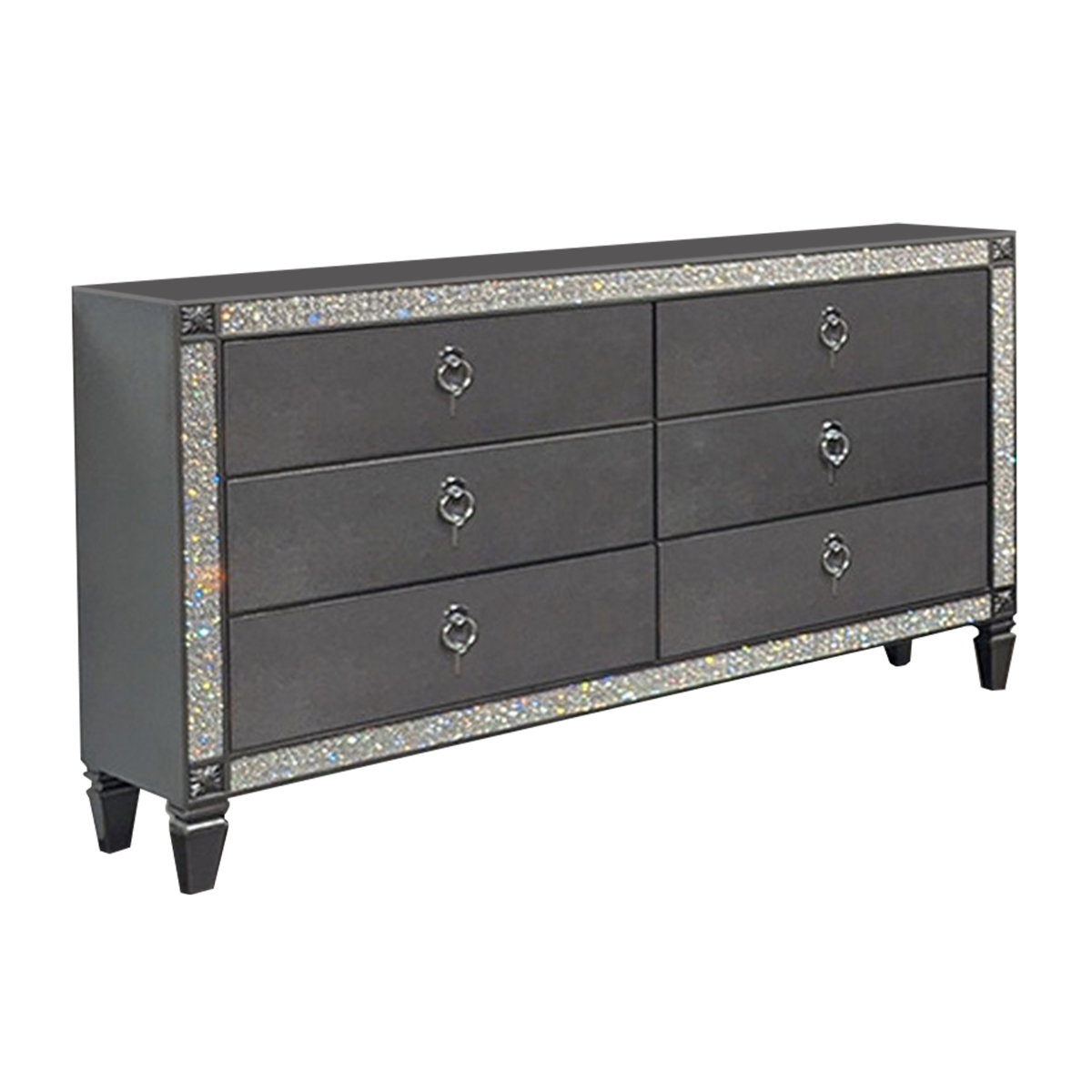Picture of Benjara BM319551 Laine Wide Dresser with 6 Drawers & Crystal Like Acrylic Trim&#44; Gray Solid Wood