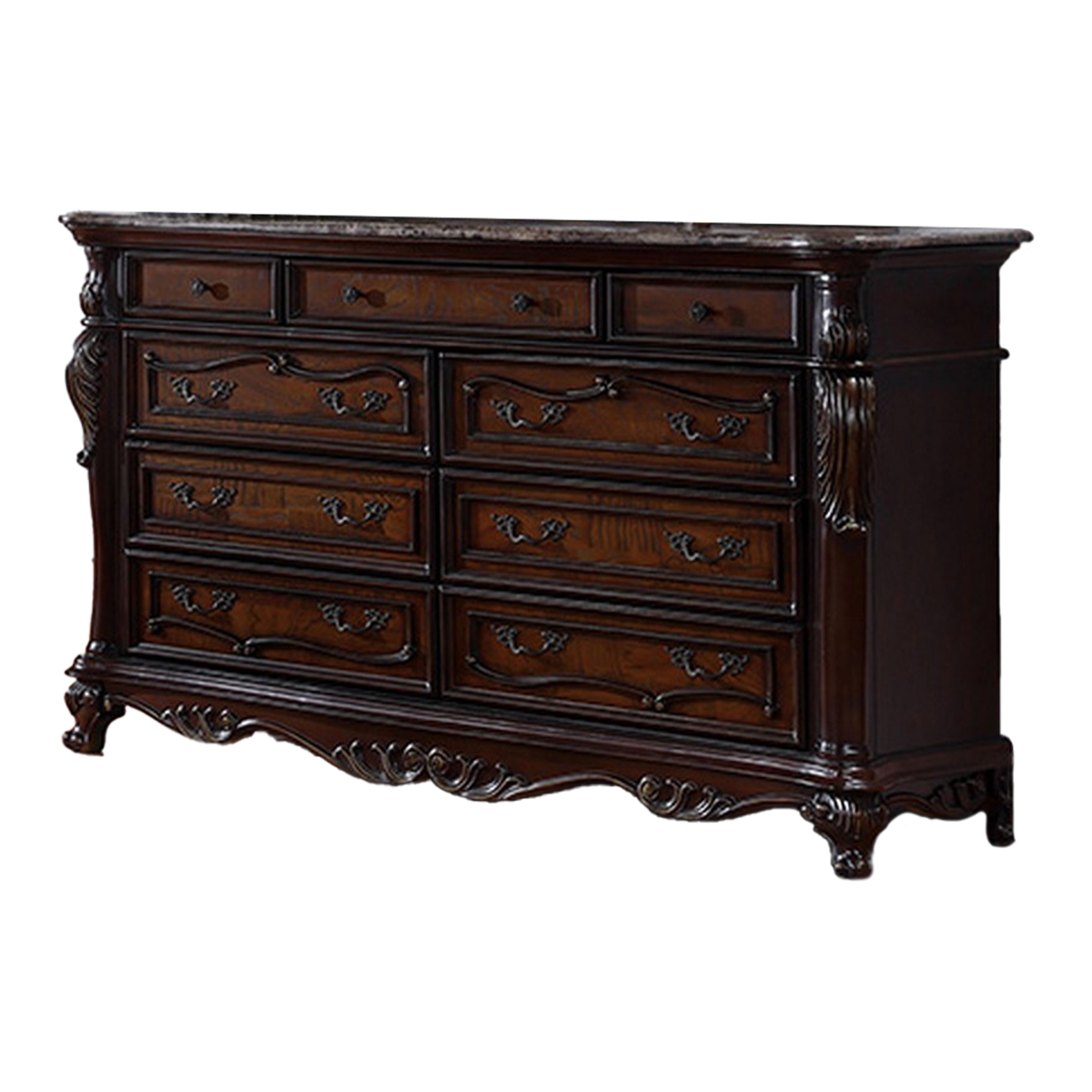 Picture of Benjara BM319555 Venta Wide Dresser with 9 Drawers & Carved Details Cherry Brown Solid Wood Frame