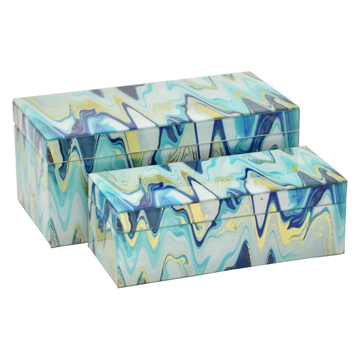 Picture of Benjara BM330163 Jenny Small Decorative Box - Abstract Marbled Teal Glass&#44; Blue&#44; Green & Yellow - Set of 2