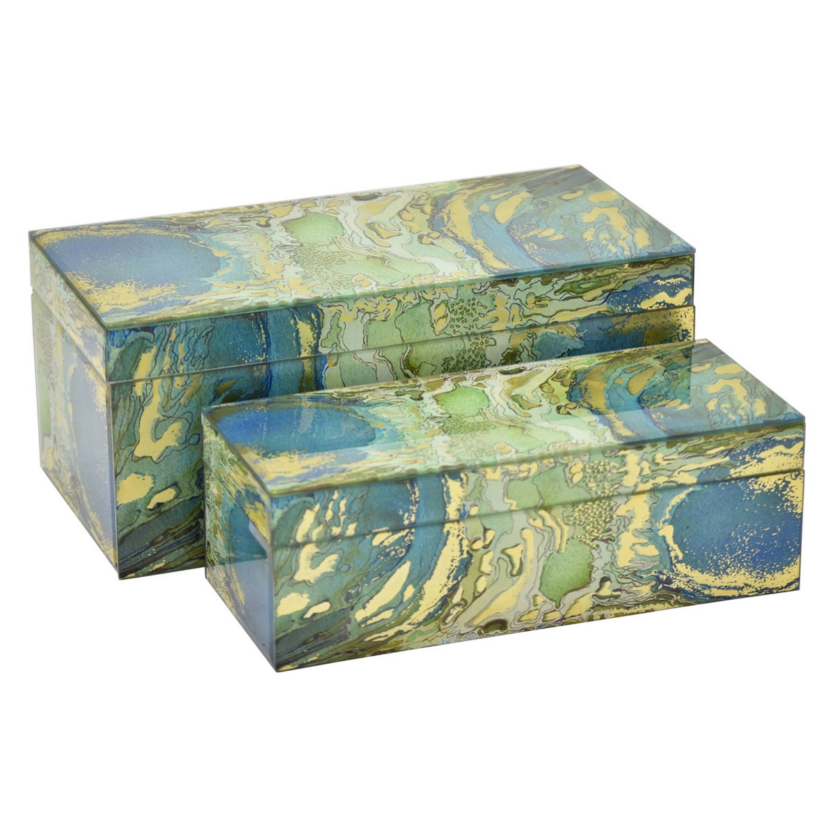 Picture of Benjara BM330164 Jenny Decorative Box - Abstract Marbled Glass&#44; Green&#44; Blue & Yellow - Set of 2