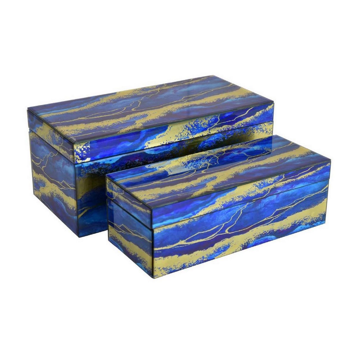 Picture of Benjara BM331379 Dory Decorative Box - Faux Marble Pattern Glass&#44; Dark Blue & Gold - Set of 2
