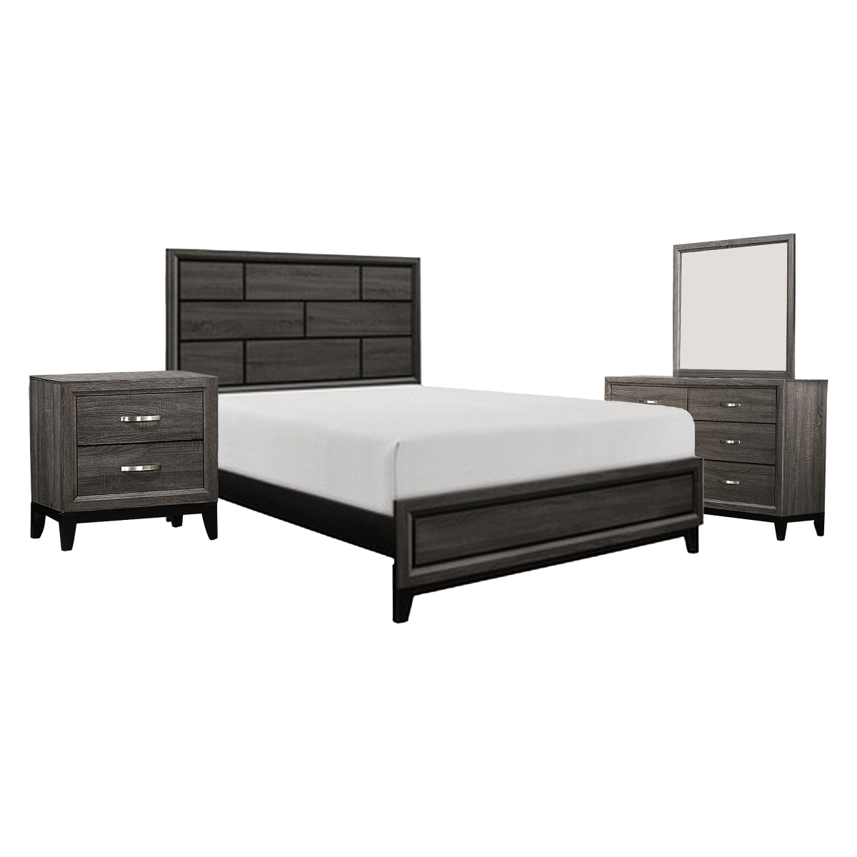 Picture of Benjara BM331159 Ameya Bedroom Set - Metal Base - Wood with Printed Grains&#44; Dark Gray&#44; Chrome & Black - Queen Size - 4 Piece