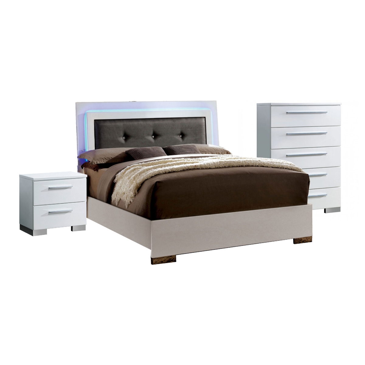 Picture of Benjara BM332719 Luna Bedroom Set - LED Tufted Headboard & Glossy White - Full Size - 3 Piece