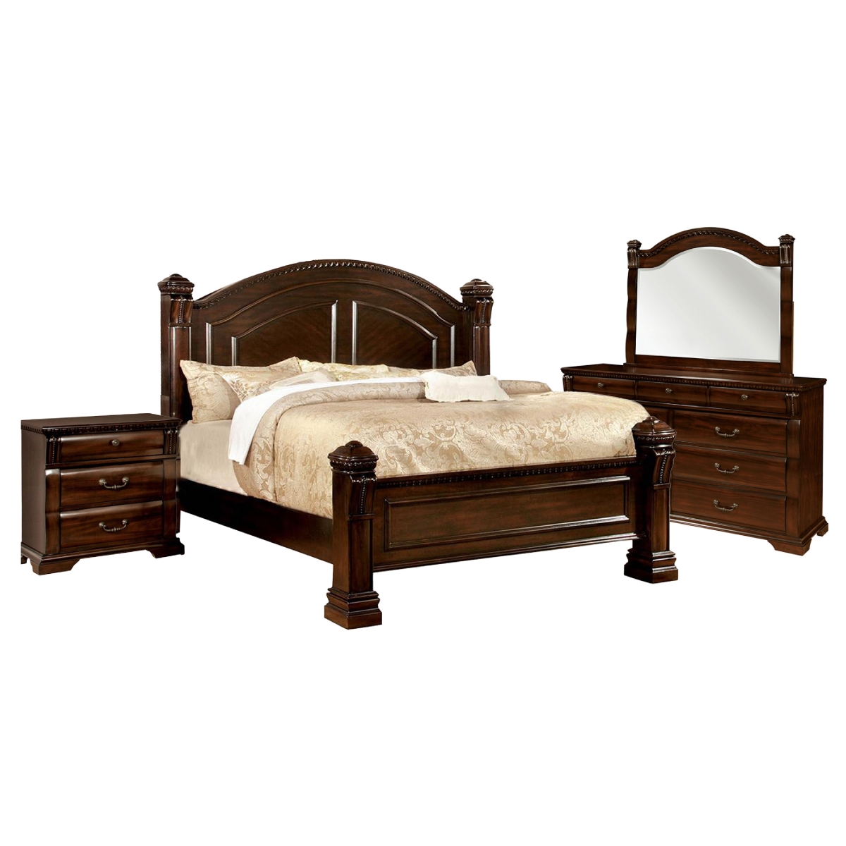 Picture of Benjara BM332723 Cam Poster Bedroom Set - Carved Accents&#44; Cherry Brown - Queen Size - 4 Piece