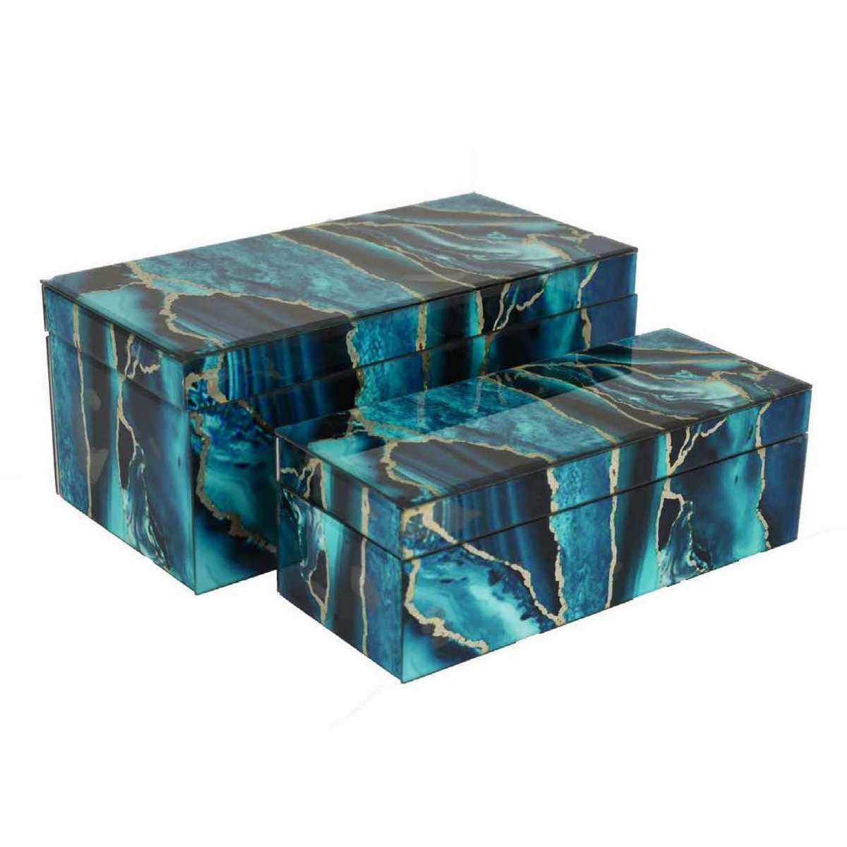 Picture of Benjara BM331370 Dory Decorative Box - Faux Marble Accent Glass&#44; Deep Blue&#44; Black & Gold - Set of 2