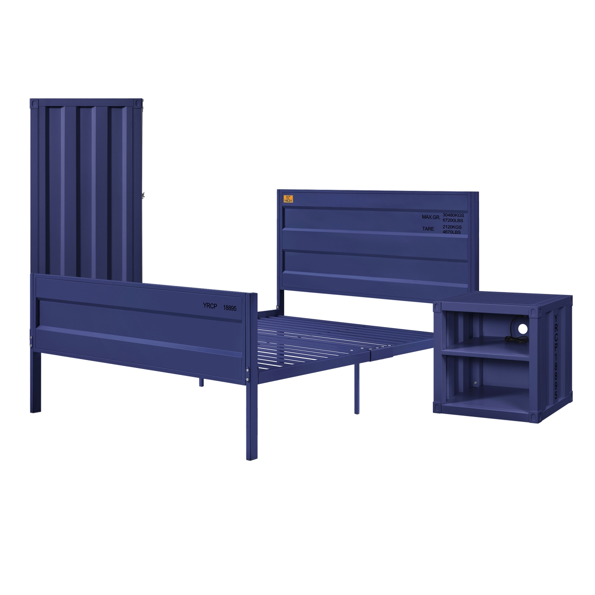 Picture of Benjara BM331142 Dua Bedroom Set - Recessed Panel Pattern - Industrial Style - Blue Metal - Full Size - 3 Piece