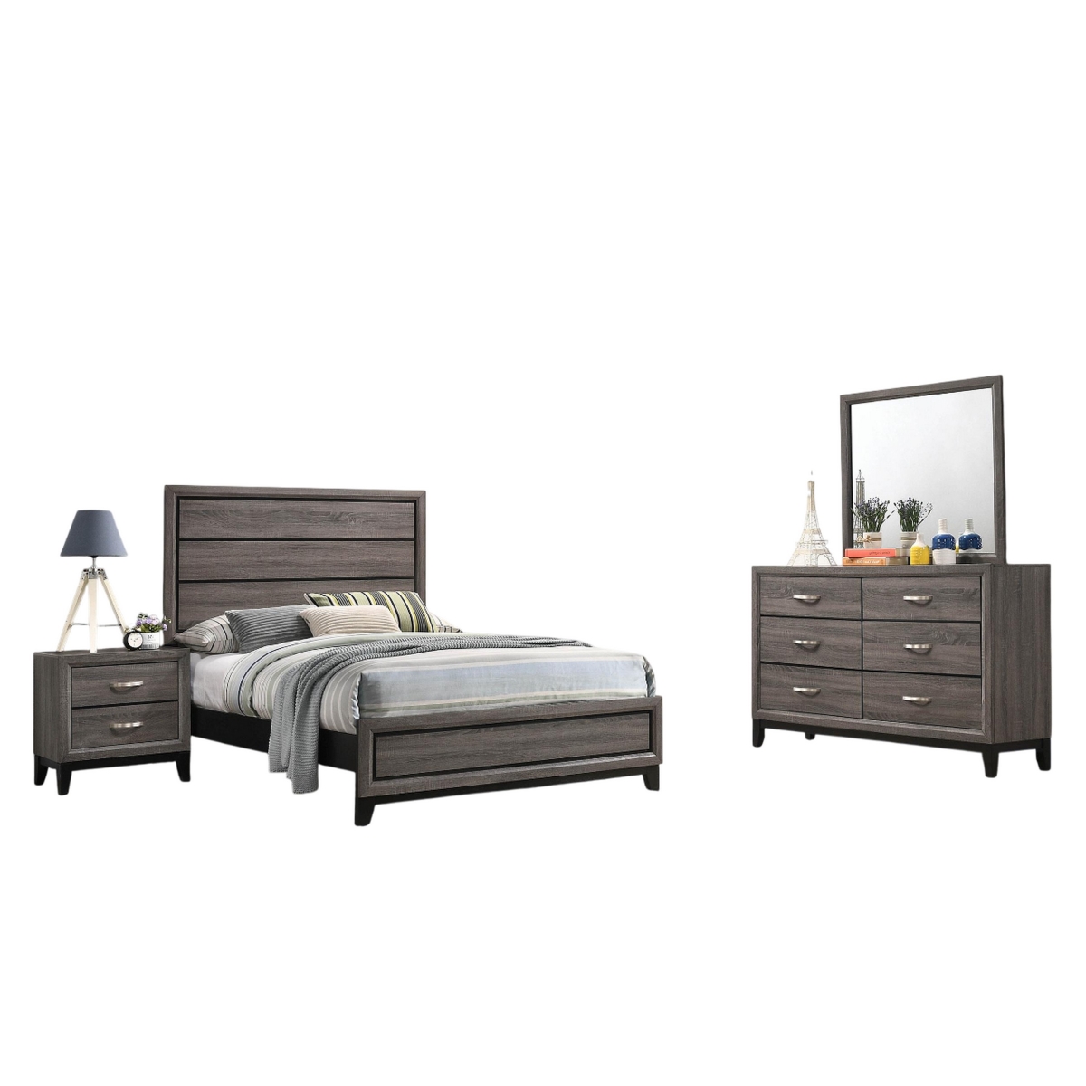 Picture of Benjara BM329216 Mela Bedroom Set - Dresser - Nightstand - Mirror - Oak Gray&#44; Gray & Nickel - Full Size - 4 Piece