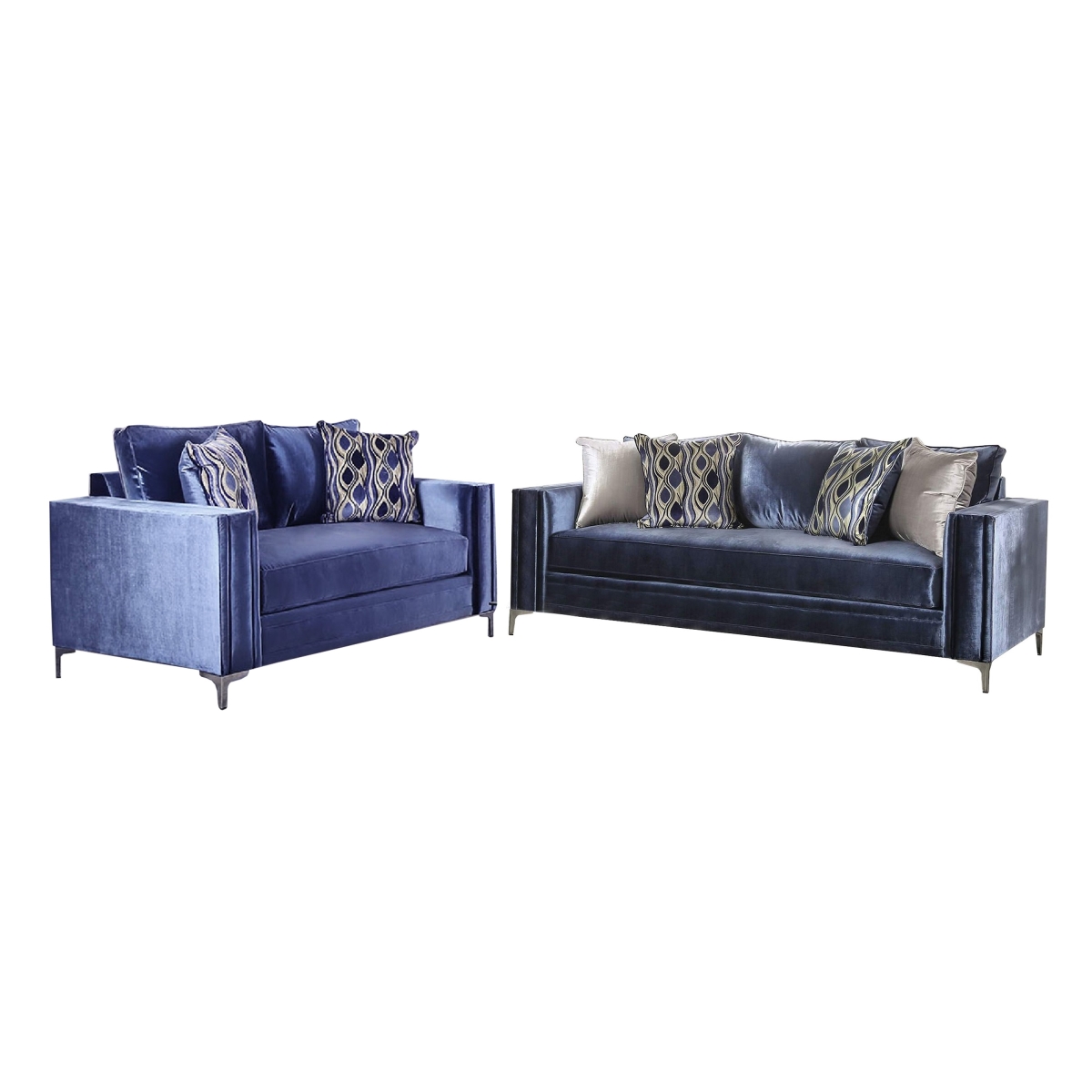 Picture of Benjara BM330292 Odie Sofa Loveseat Set - 6 Throw Pillows - Microfiber&#44; Satin Blue & Silver