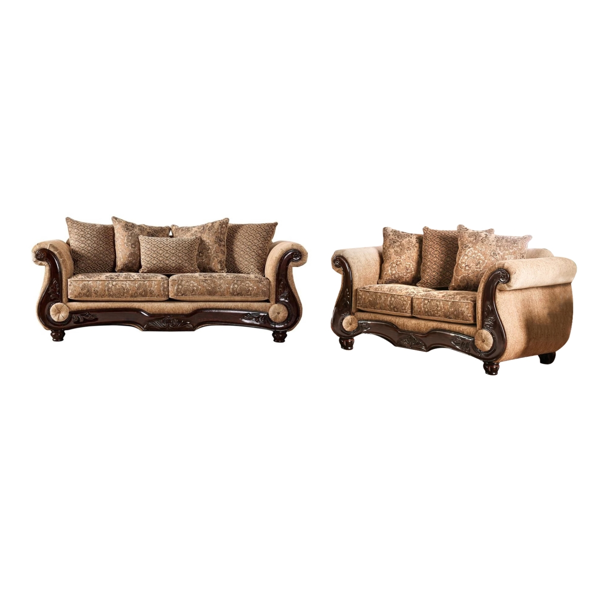 Picture of Benjara BM330297 Nican Sofa Loveseat Set - Tan Faux Leather - 8 Accent Pillows&#44; Brown & Gold - 2 Piece