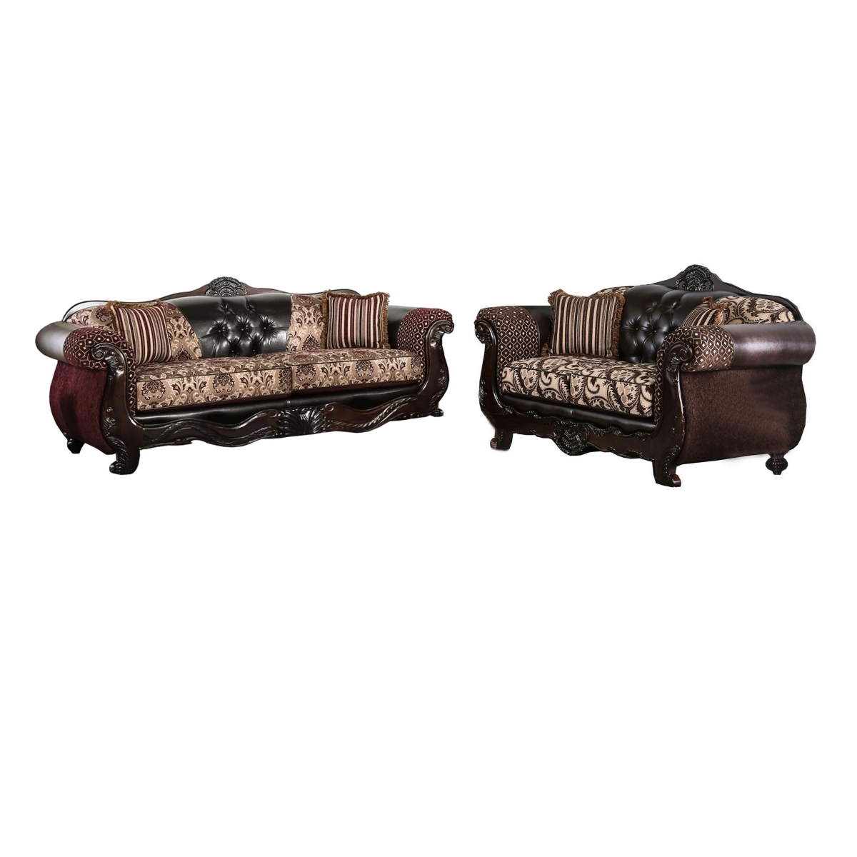 Picture of Benjara BM330300 Quo Sofa Loveseat Set - Chenille & Faux Leather - 4 Pillows&#44; Brown - 2 Piece