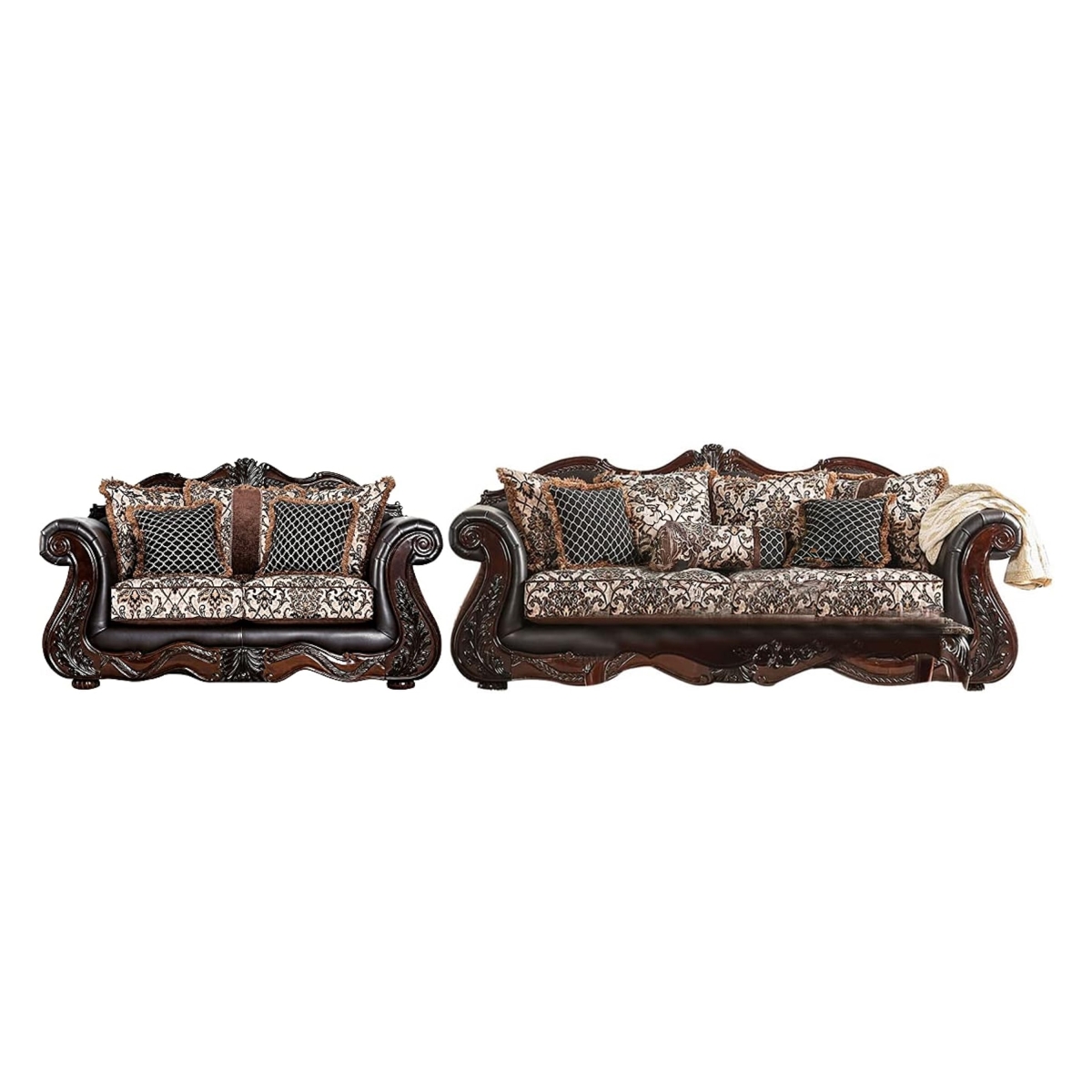 Picture of Benjara BM330296 Ammy Sofa Loveseat Set - Faux Leather - 5 Accent Pillows&#44; Espresso Brown - 2 Piece