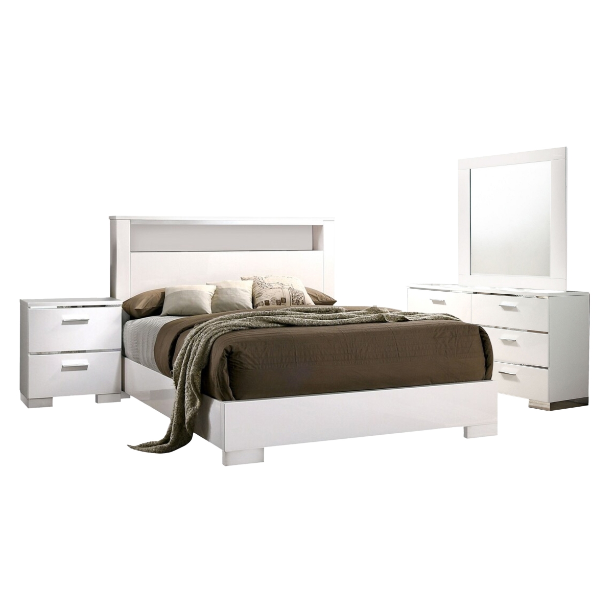 Picture of Benjara BM331144 Cari Bedroom Set - LED Headboard with Shelf - White Wood - Chrome Stripes - Queen Size - 4 Piece