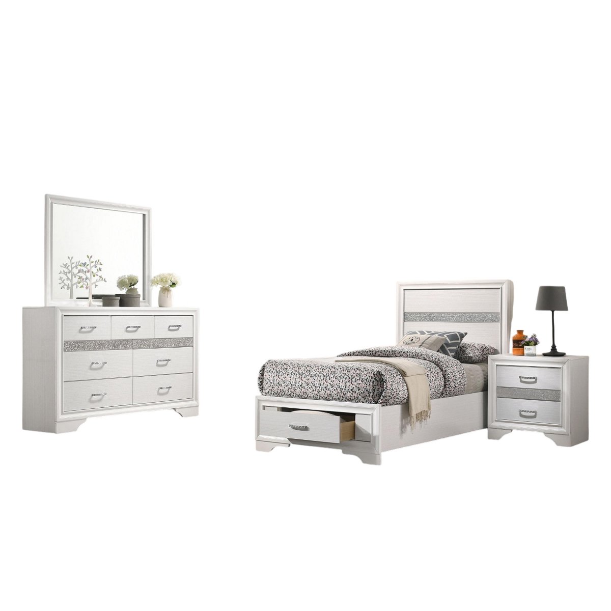 Picture of Benjara BM328801 Vino Bedroom Set - Storage Footboard - Glitter Stripes&#44; White - Twin Size - 4 Piece