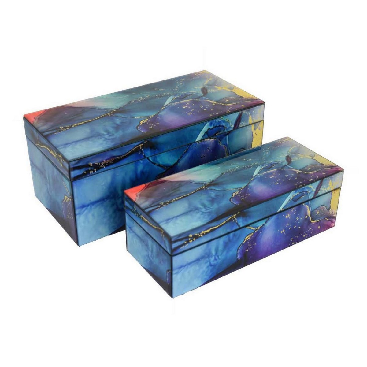 Picture of Benjara BM331377 Dory Decorative Box - Faux Agate Stone Accent Glass&#44; Purple&#44; Blue & Gold - Set of 2