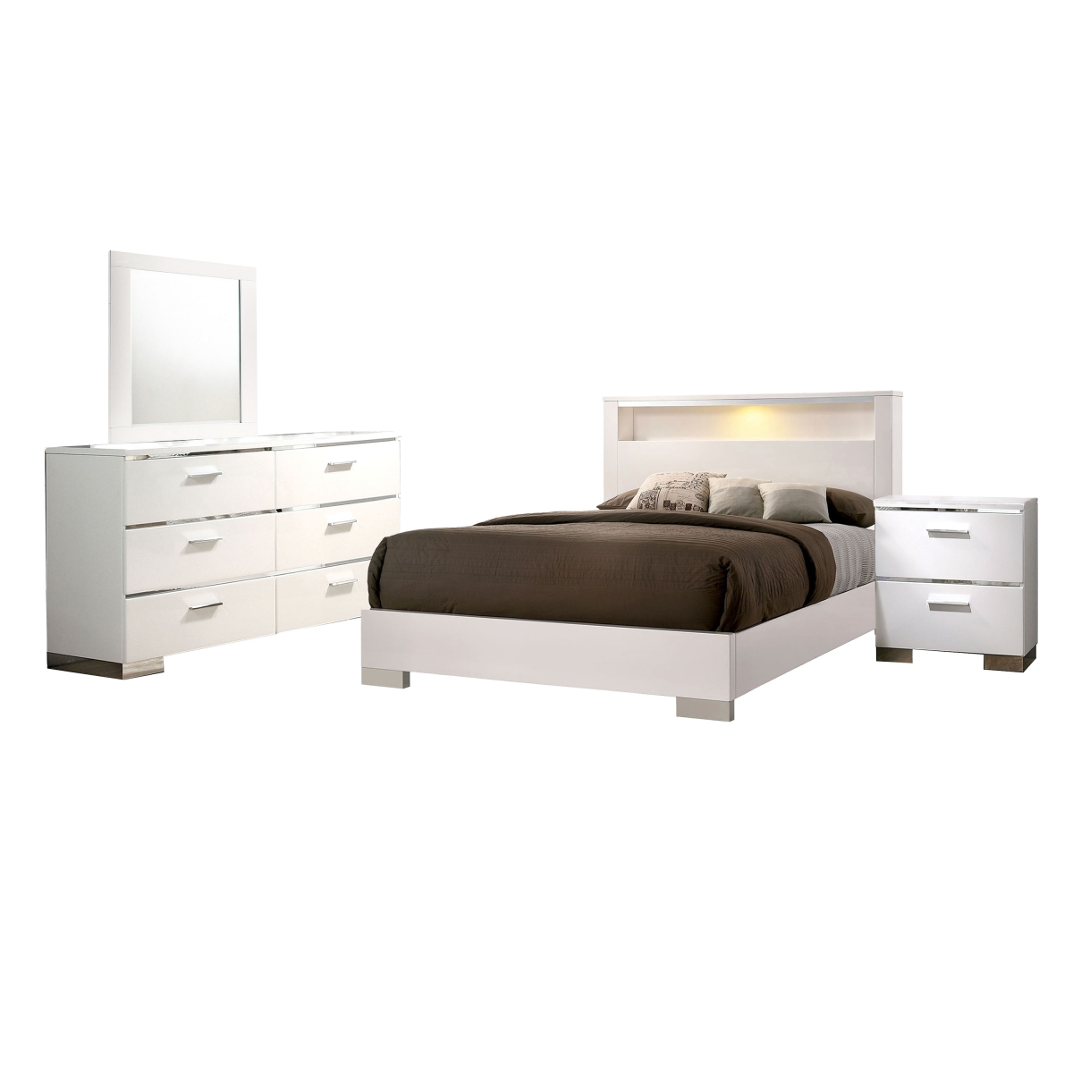 Picture of Benjara BM331145 Cari Bedroom Set - LED Headboard with Shelf - White Wood - Chrome Stripes - King Size - 4 Piece
