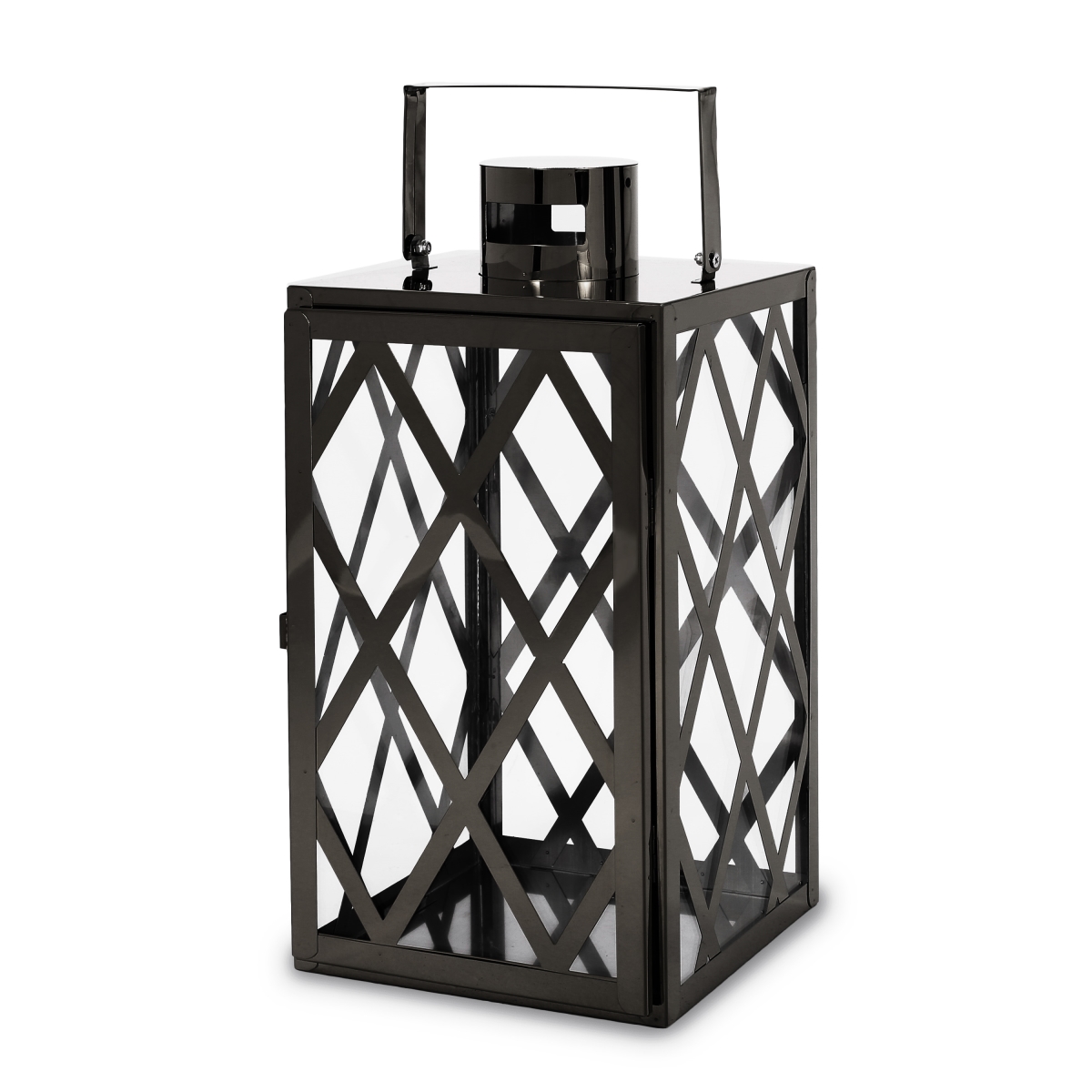 Picture of Benjara BM321670 14 in. Dove Lantern - Lattice Stainless Steel - Tempered Glass&#44; Black & Clear
