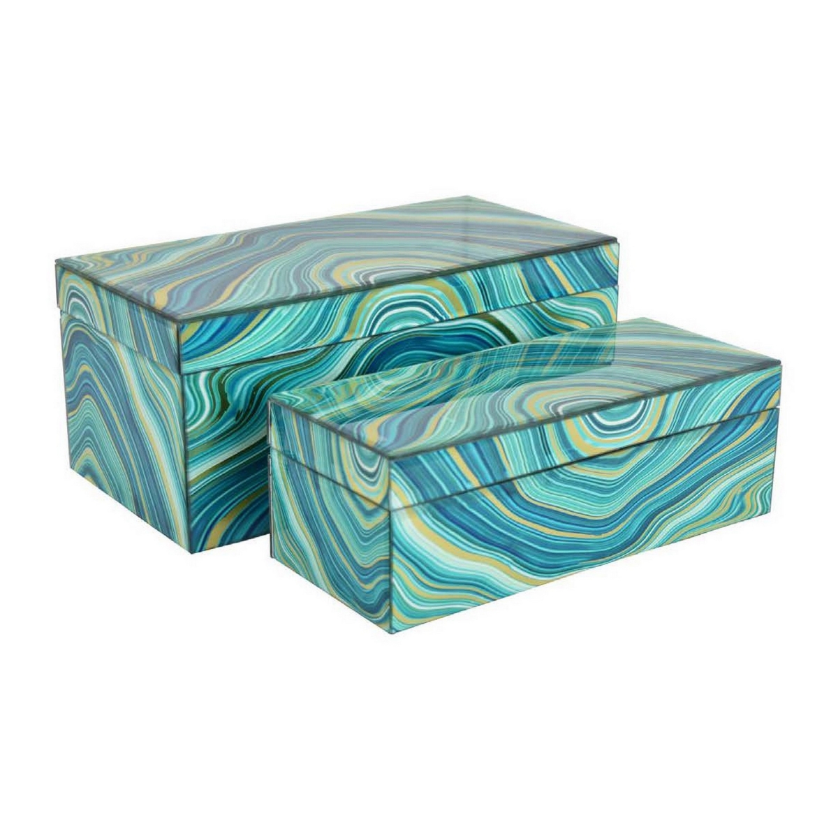 Picture of Benjara BM331381 Dory Decorative Box - Faux Marble Accent Glass&#44; Teal Blue & Gold - Set of 2