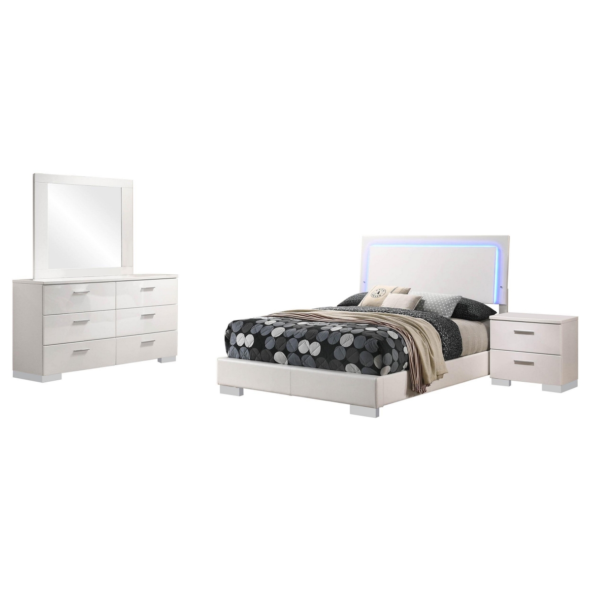 Picture of Benjara BM328659 Sok Bedroom Set - Modern - LED Upholstered Headboard&#44; White & Chrome - Full Size - 4 Piece