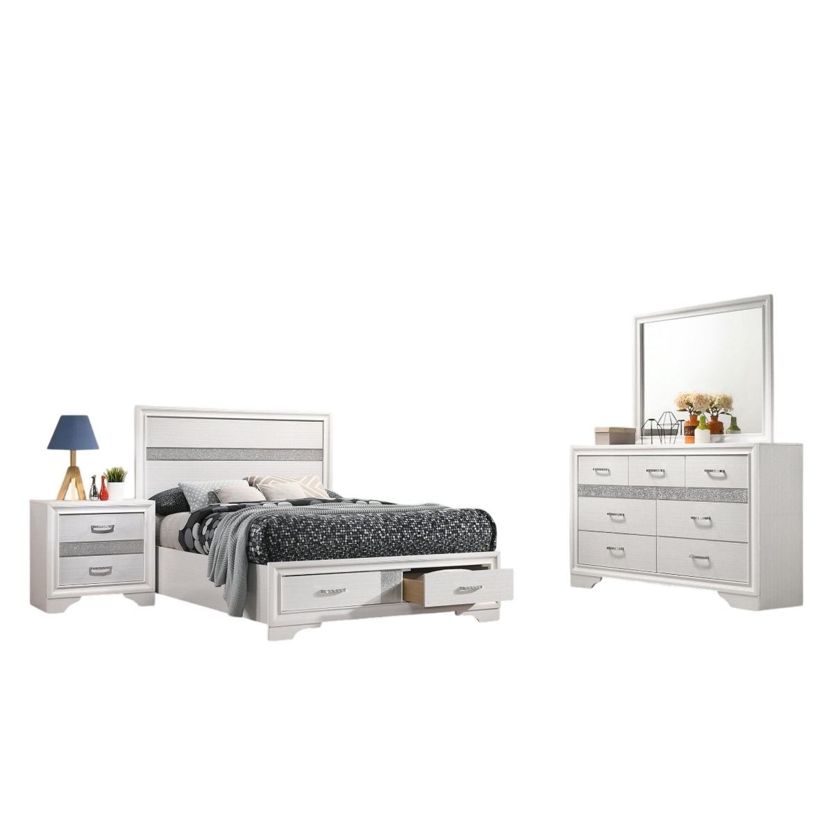 Picture of Benjara BM328799 Vino Bedroom Set - Storage Footboard - Glitter Stripes&#44; White - Full Size - 4 Piece