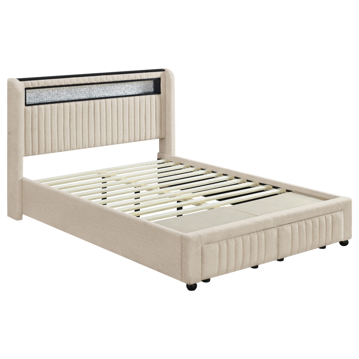 Picture of Benjara BM329268 Madie Platform Bed - LED & Storage - Channel Tufted Boucle&#44; Cream&#44; Silver & Black - Full Size