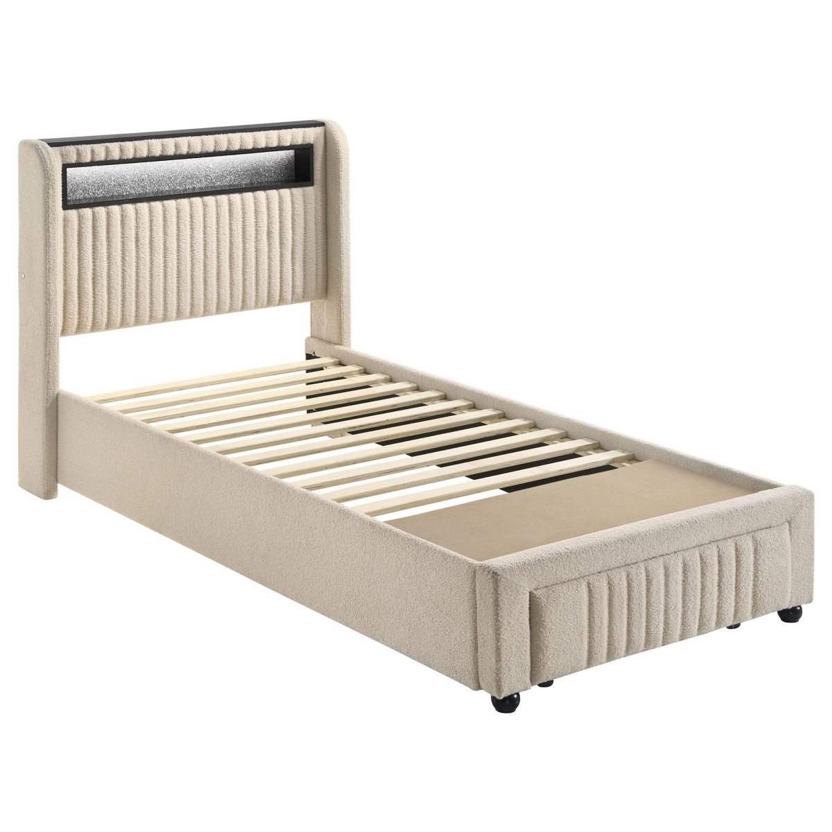 Picture of Benjara BM329267 Madie Platform Bed - LED & Storage - Cream Channel Tufted Boucle - Twin Size
