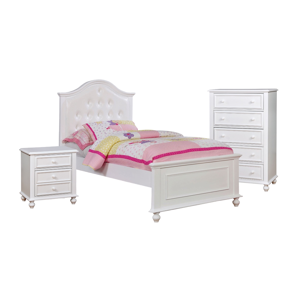 Picture of Benjara BM332721 Aure Kids Bedroom Set - Curved Tufted Headboard&#44; White - Full Size - 3 Piece