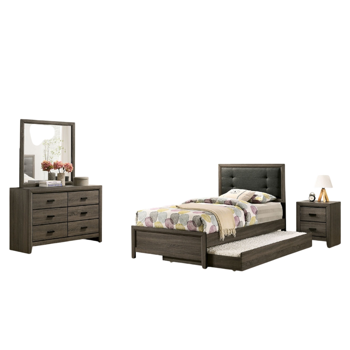 Picture of Benjara BM328897 Meli Bed Set with Dresser - Solid Wood Frame&#44; Dark Gray & Black - Twin Size - 4 Piece