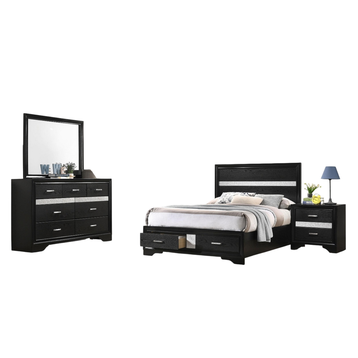 Picture of Benjara BM328800 Vino Bedroom Set - Storage Footboard - Glitter Stripes&#44; Black - Full Size - 4 Piece