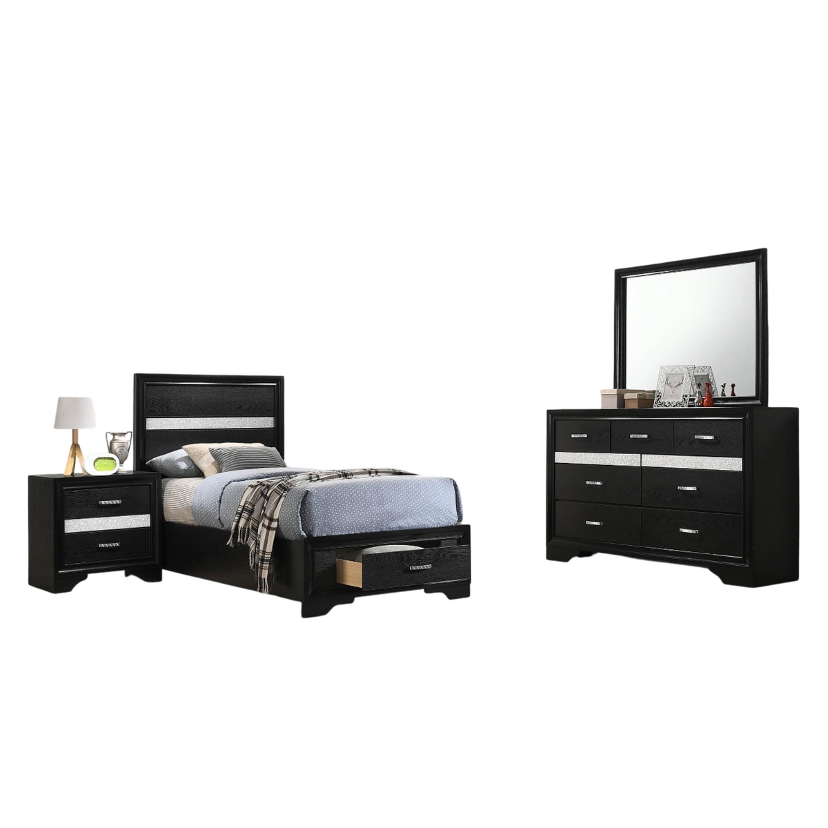 Picture of Benjara BM328802 Vino Bedroom Set - Storage Footboard - Glitter Stripes&#44; Black - Twin Size - 4 Piece
