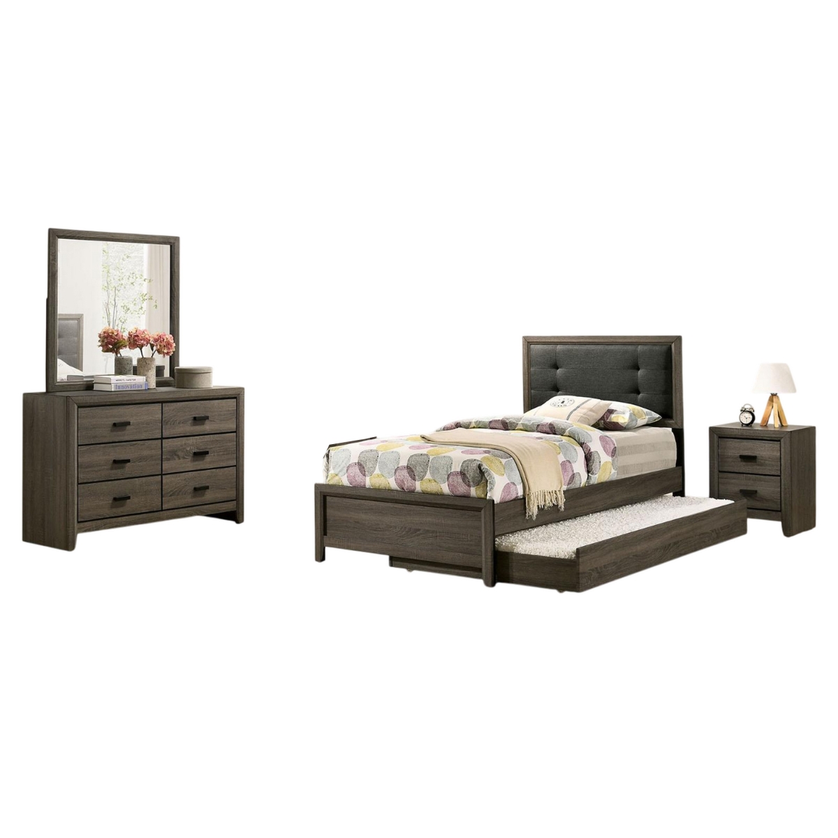 Picture of Benjara BM328895 Meli Bedroom Set - Upholstered - Dresser - Solid Wood&#44; Gray & Black - Full Size - 4 Piece
