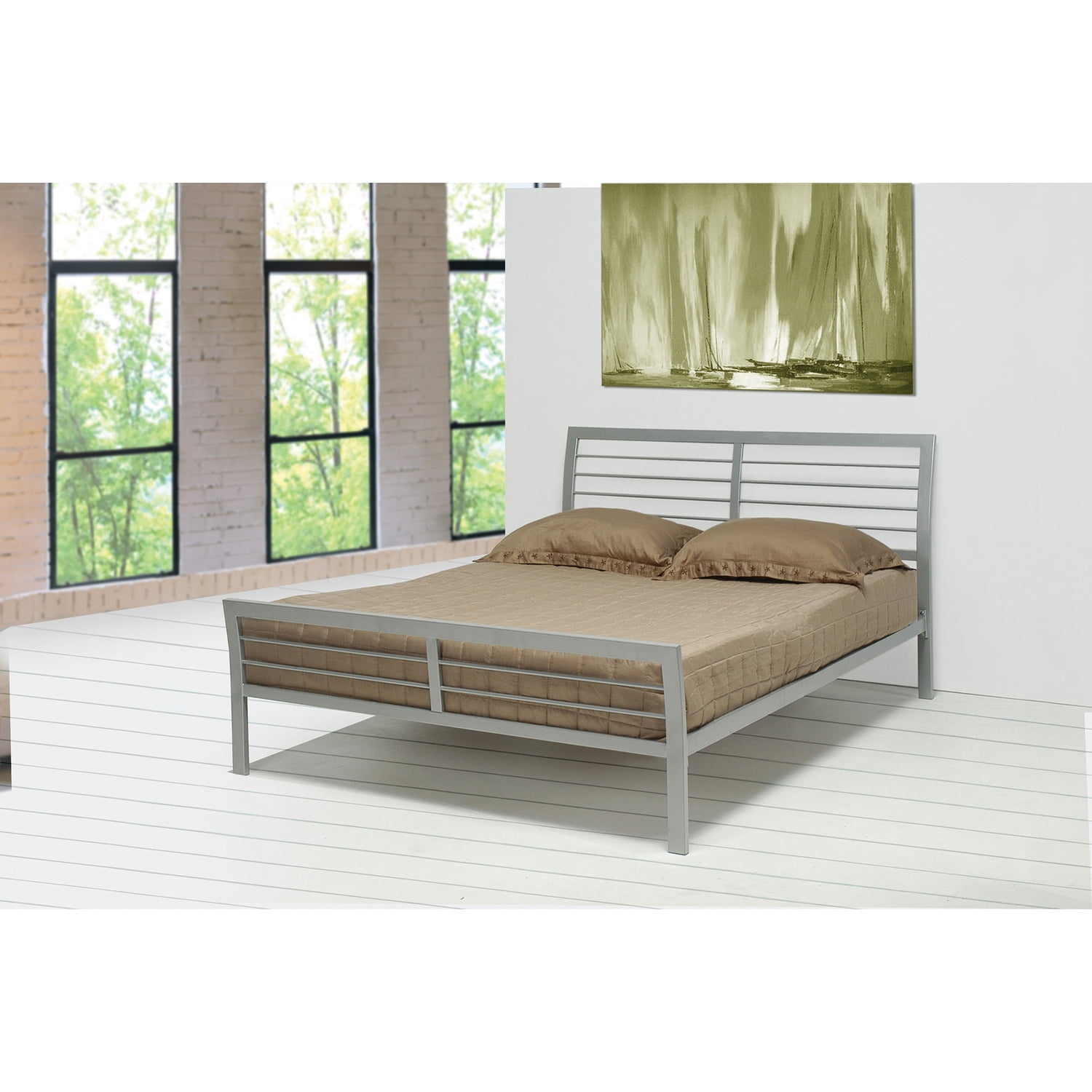 BM158143 38.25 x 88 x 63 in. Transitional Style Queen Size Metal Bed, Silver -  Benzara