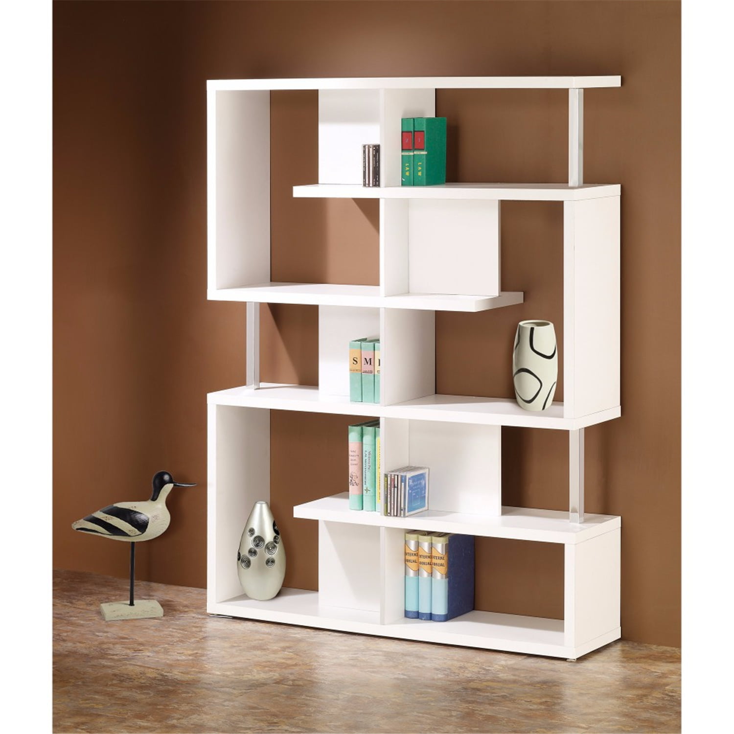 Picture of Benzara BM156246 63.25 x 47.25 x 11.5 in. Splendid White Bookcase with Chrome Support Beams