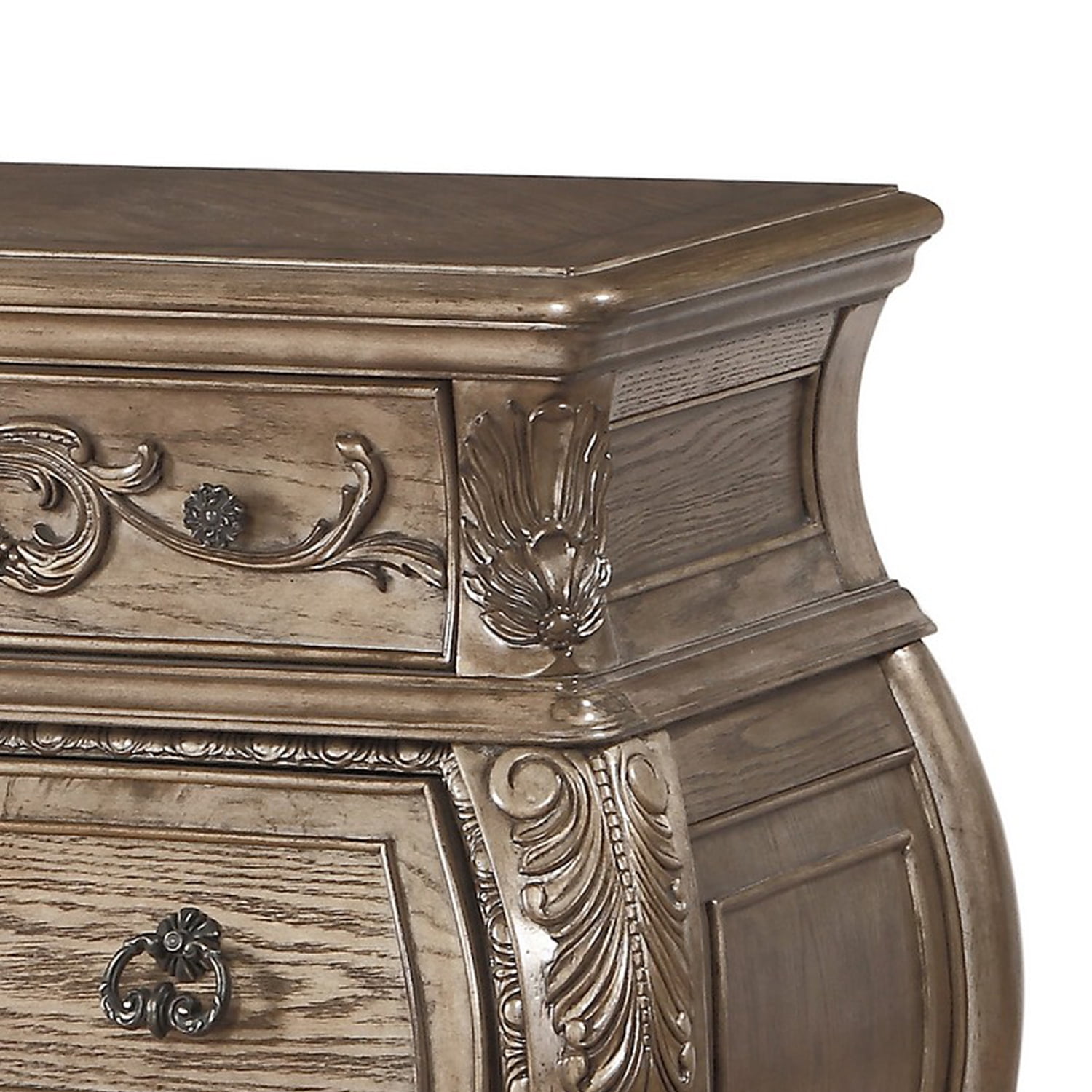 Picture of Benzara BM185462 Three Drawer Nightstand with Antique Handles & Scrolled Legs&#44; Vintage Oak Finish - 33.5 x 19.8 x 37.56 in.