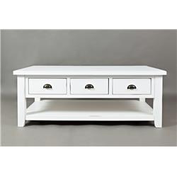 Picture of Benzara BM183974 3 Drawer Cocktail Table with Open Shelf Beneath&#44; Weathered White - 19 x 50 x 30 in.