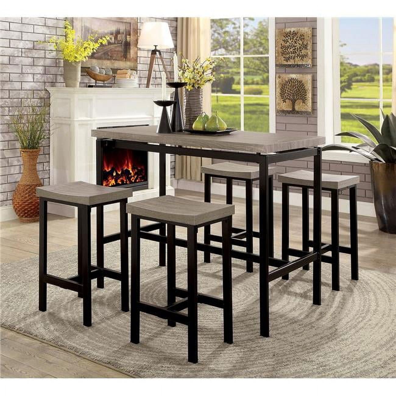 BM181289 36 x 23.5 x 47.25 in. Wooden Counter Height Table Set, Natural Brown & Black - 5 Piece -  Benzara