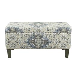 Picture of Benjara BM195785 Medallion Print Fabric Upholstered Wooden Bench with Hinged Storage - Large - Blue & Cream