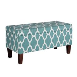 Picture of Benjara BM195790 Quatrefoil Print Fabric Upholstered Wooden Bench with Hinged Storage - Large - Teal Blue & Cream