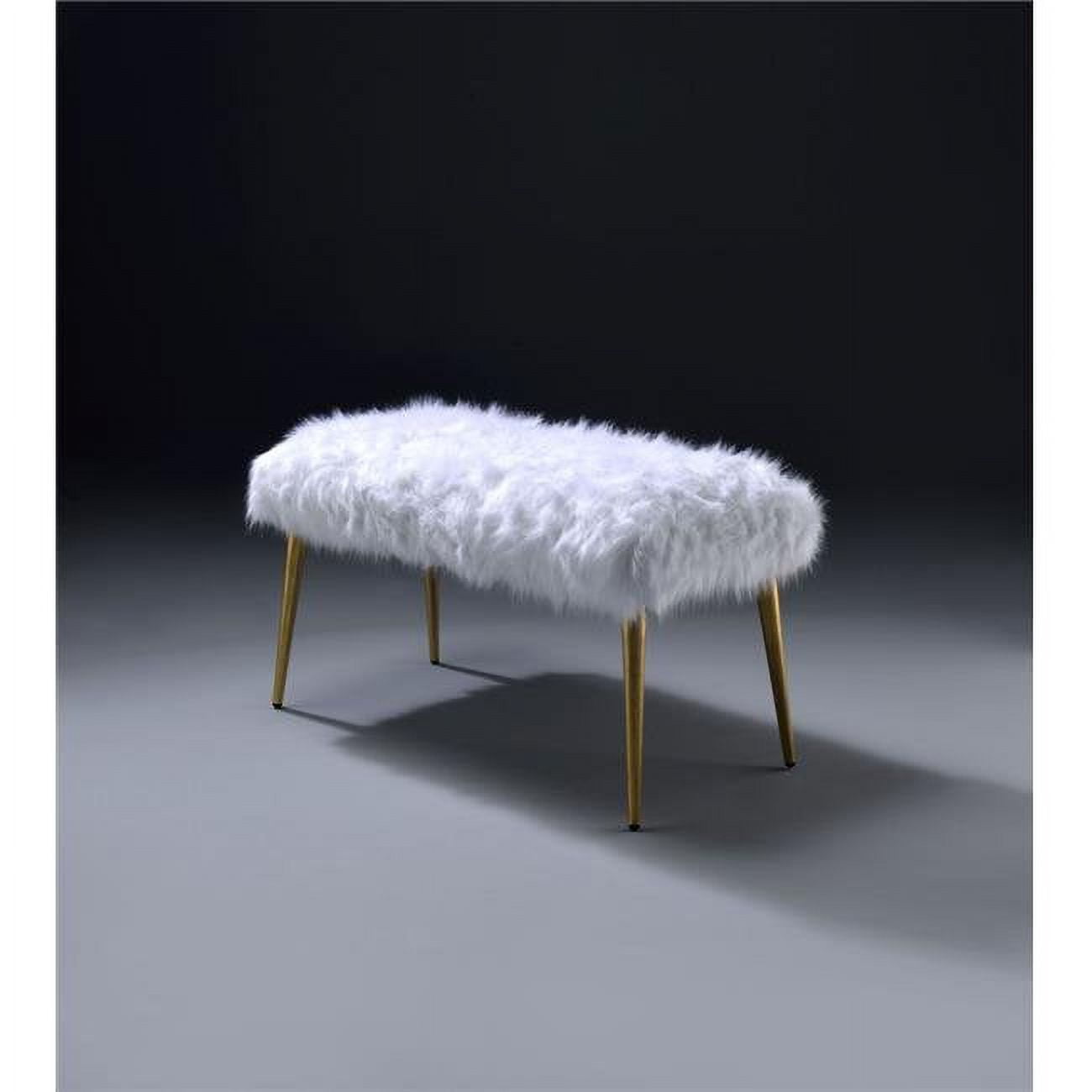 Picture of Benzara BM196715 Modern Style Faux Fur Upholstered Metal Bench with Tapered Legs&#44; White & Gold - 20 x 17.5 x 37.5 in.
