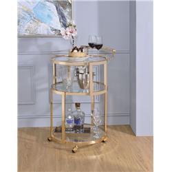 Picture of Benzara BM194341 Three Tiered Metal Serving Cart with Glass Inserted Shelves & Curved Side Handle&#44; Gold - 34.25 x 19.68 x 22 in.